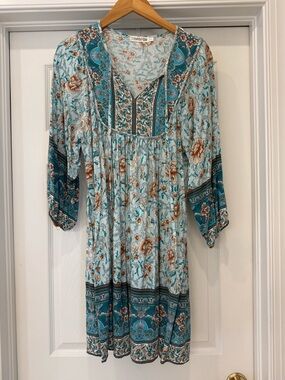 Amazon Teal Floral Long Sleeve Boho Dress